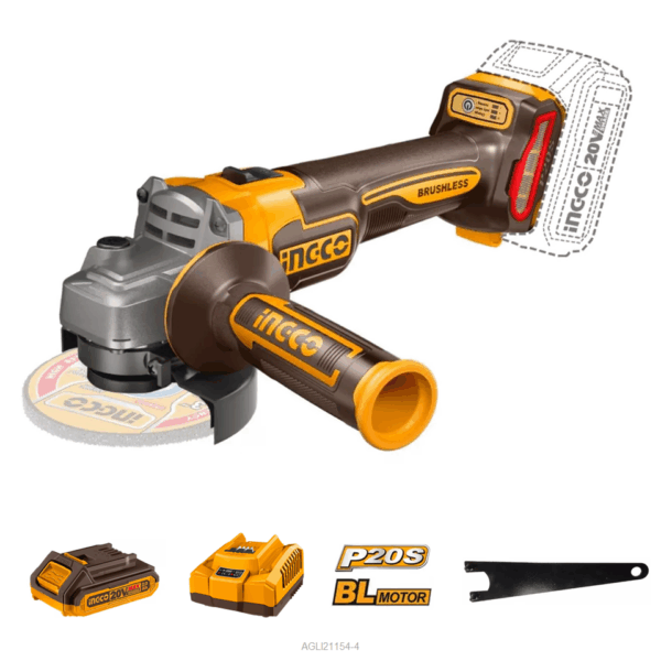 AMOLADORA ANGULAR CON BATERIA Y CARGADOR INGCO  - Cod. CAGLI211541-4