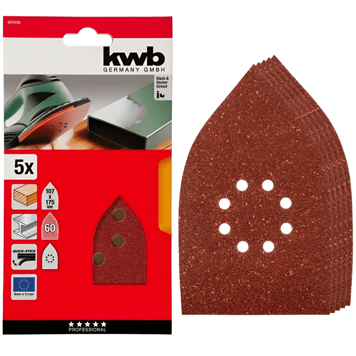 LIJAS DELTA X5 UNIDADES PARA MADERA Y METAL 60 GRANOS KWB - Cod. 493406
